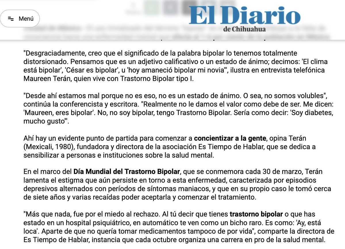 Lilian's tweet photo. Mi novio, hombre de los + talentosos que la tierra de Chihuahua ha dado, me pasó este artículo hoy en el @diariochihuahua sobre los prejuicios sobre el trastorno bipolar https://t.co/4mmeSSg9QM Me identifico MUCHO con la experiencia de Maureen Terán. https://t.co/hCBnVA96c6