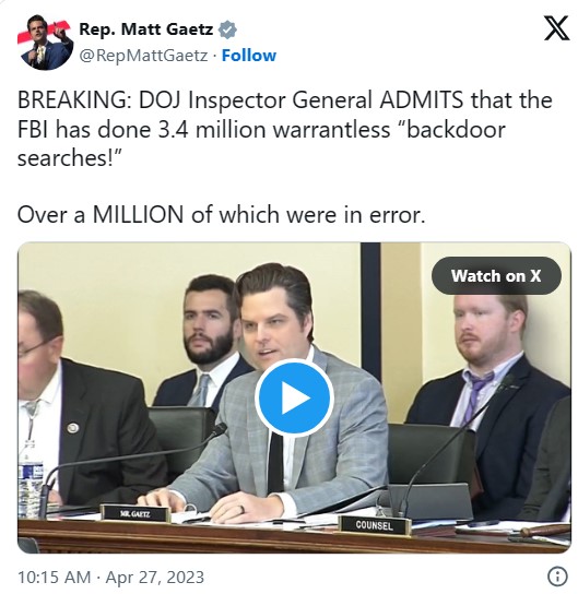 That means more than 1 million searches of private documents and communication of Americans were illegal. What act of Congress authorized this private data collection? 

It really is discouraging to see what a big ConGame Congress actually is – The Uniparty Agenda. Warrantless…