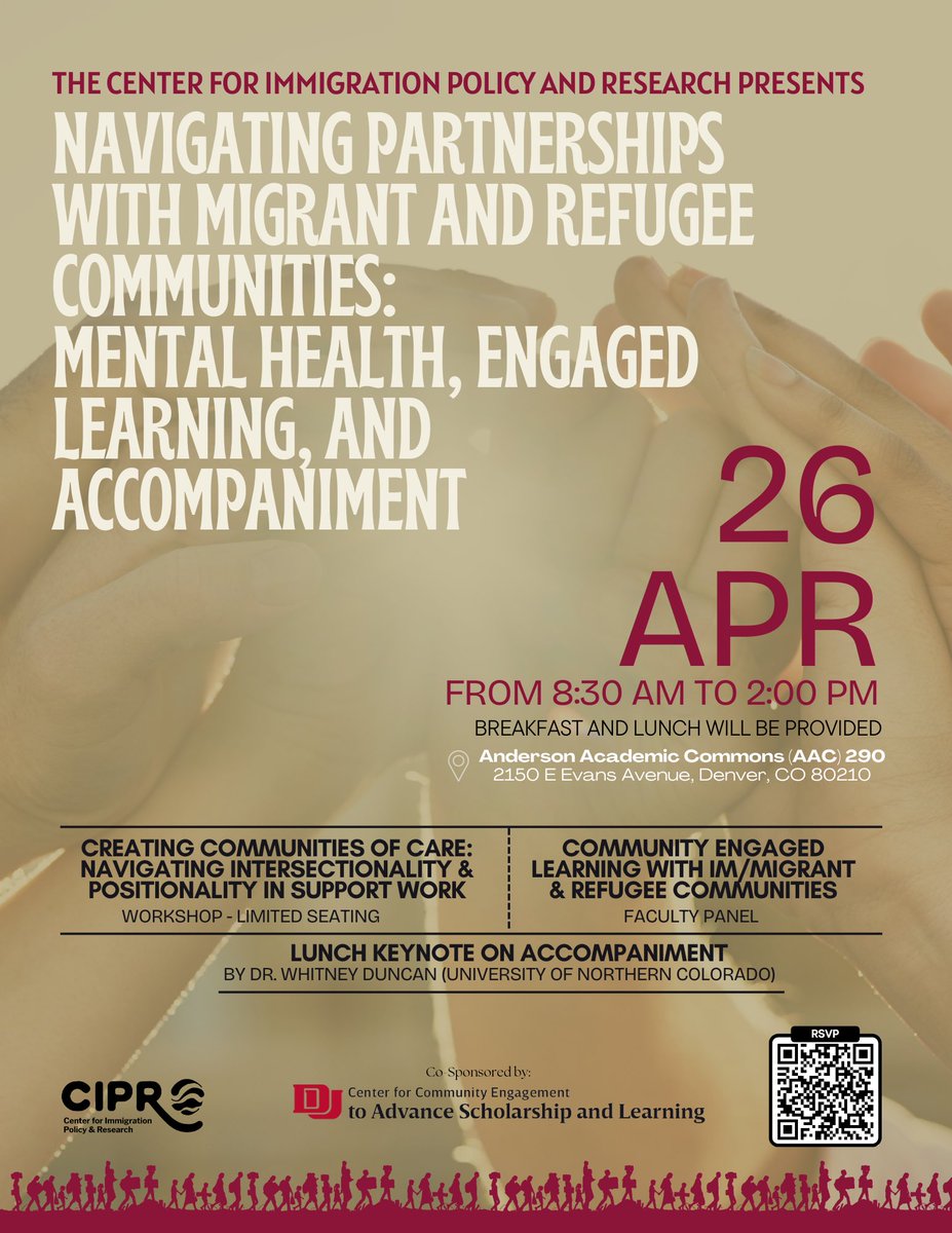 Our highly anticipated Spring Symposium is just around the corner! Please mark your calendars for April 26th and join us! Engage with (im)migration experts, attend a workshop, and hear from Dr. Whitney Duncan. Don't miss out on this opportunity!🌍📚 RSVP: udenver.qualtrics.com/jfe/form/SV_6h…