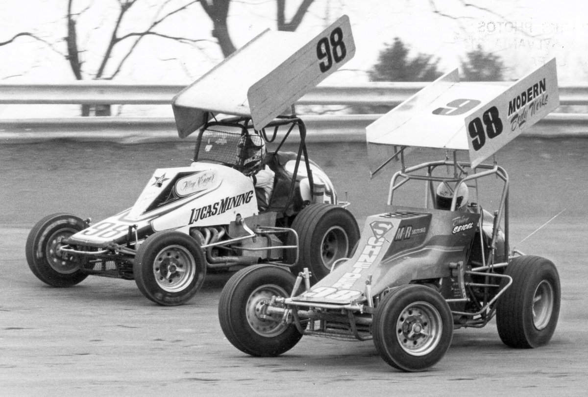 'Duelin' 98's'... Allen Klinger & Brian Seidel at the 'Grove...1981.
(Sprintcarstats share, Don Marks or Mel Stettler photo)