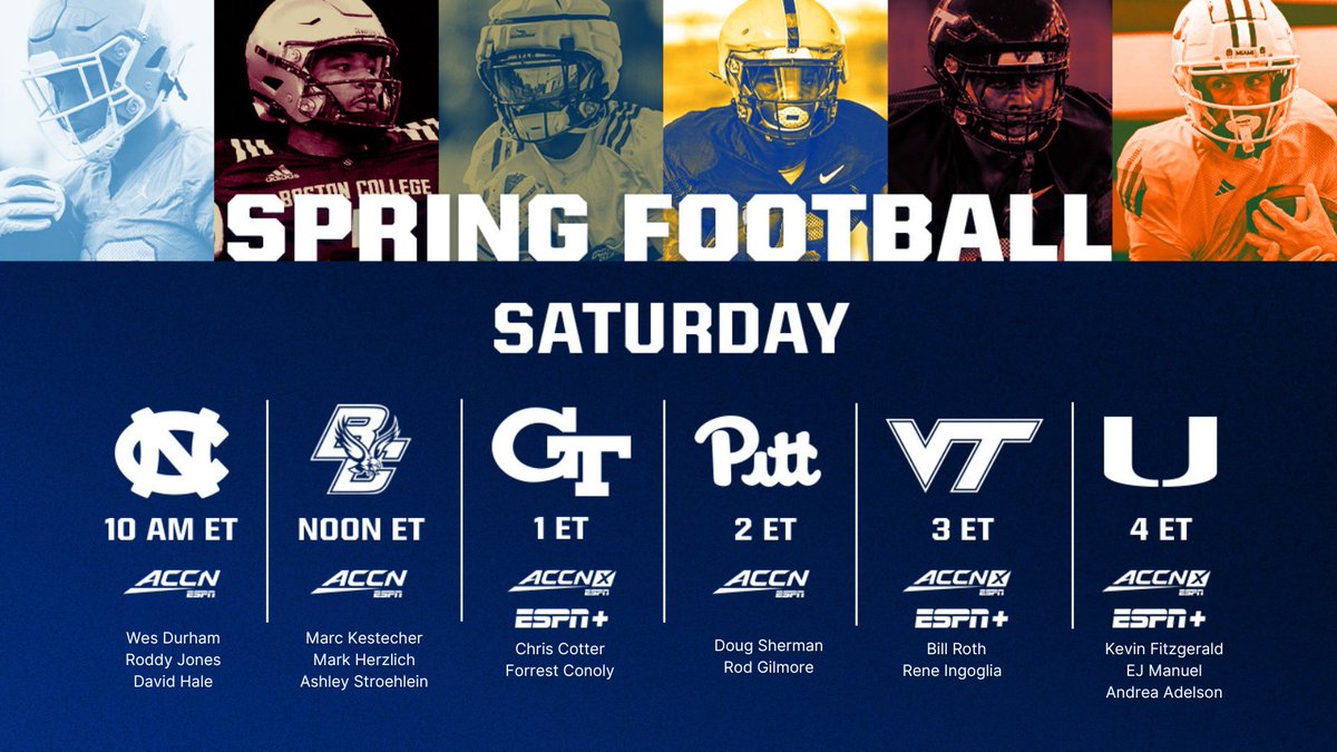 Saturday, @accnetwork presents a full slate of spring football 🏈 10a ET | @UNCFootball All-Access Practice 🏈 Noon ET | @BCFootball 🏈 1p ET | @GeorgiaTechFB 🏈 2p ET | @Pitt_FB 🏈 3p ET | @HokiesFB 🏈 4p ET | @CanesFootball Complete schedule: bit.ly/440ZWWj