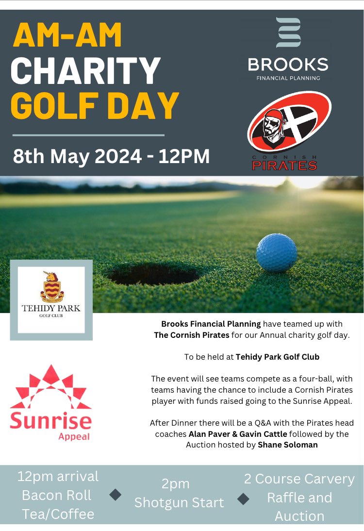 Tehidy Park Golf Club 〓〓 (@tehidyparkgc) on Twitter photo Cornish Pirates Charity AM-AM
Tehidy Park Golf Club are delighted to be hosting this years event
The entry fee is £250.00 per team. Details on attached please contact Adam Brooks to make a booking.
Contact
Adam Brooks Mob: 07792636450
Email:- Adam.Brooks@sjpp.c.o..uk Cornish Pirates Charity AM-AM
Tehidy Park Golf Club are delighted to be hosting this years event
The entry fee is £250.00 per team. Details on attached please contact Adam Brooks to make a booking.
Contact
Adam Brooks Mob: 07792636450
Email:- Adam.Brooks@sjpp.c.o..uk