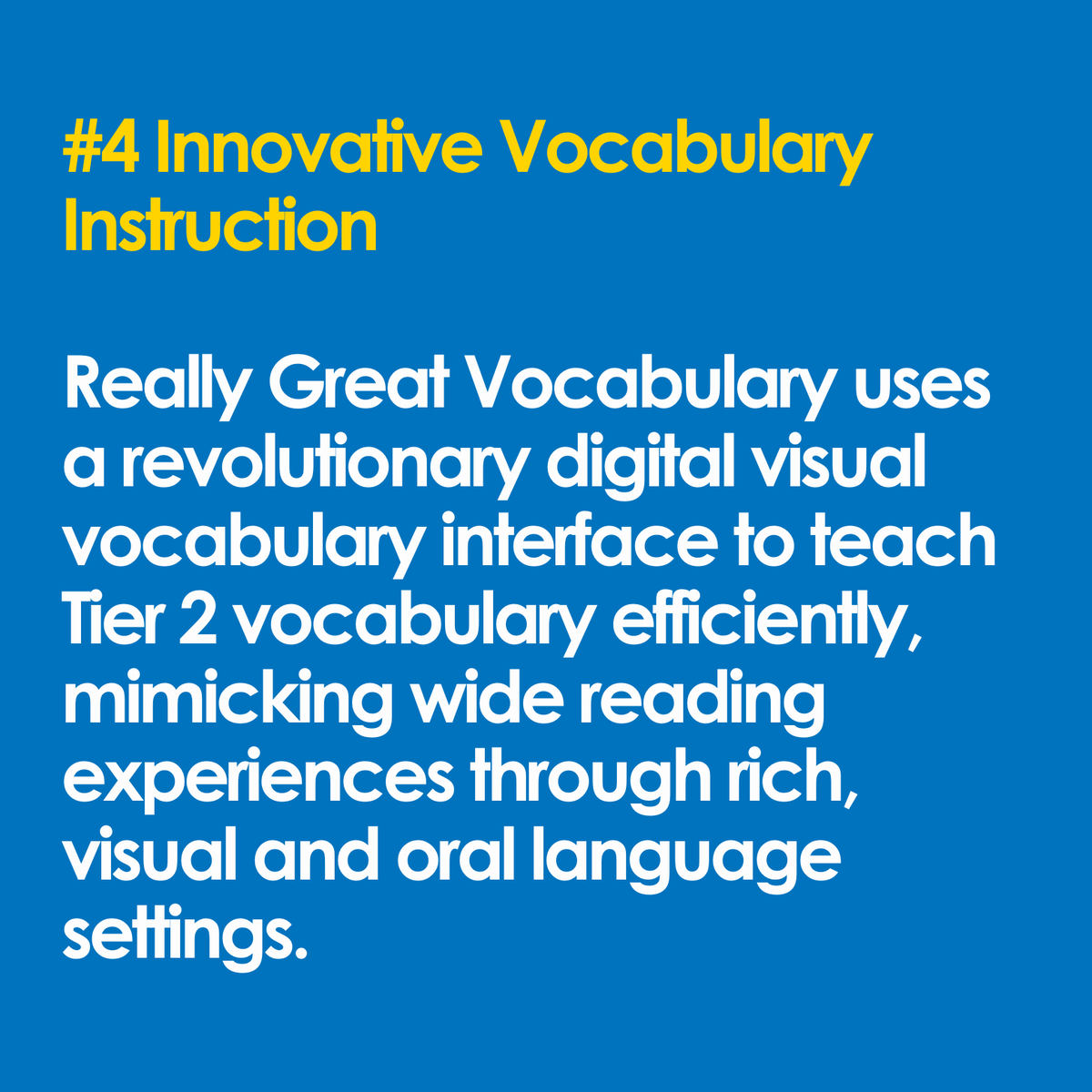 Really Great Vocabulary uses a revolutionary digital visual vocabulary interface to teach Tier 2 vocabulary efficiently, mimicking wide reading experiences through rich, visual and oral language settings. Learn more: hubs.ly/Q02sJSWW0
