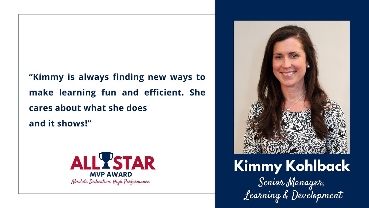 It’s so exciting to introduce another MVP for April: Kimmy Kohlback. As Senior Manager for our outstanding Learning & Development team, Kimmy focuses on making sure All Stars succeed! Congrats, Kimmy! #MVP #PerformanceDrivesUs