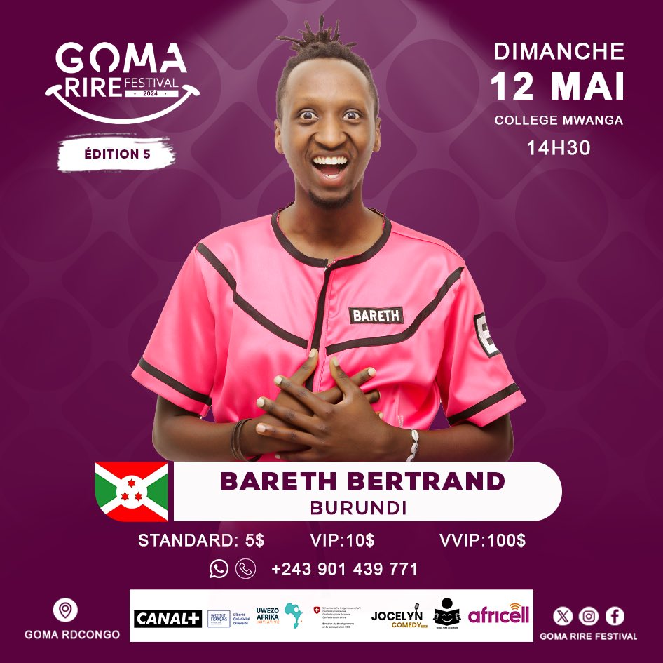 #GomaRireFestival

Il nous vient du #Burundi 🇧🇮
Bareth est un artiste humoriste qui s'est fait remarquer sur la scène internationale avec son one-man-show 'A Star is born in Gihosha'.

Il devient un artiste incontournable dans le paysage comique.
Du 10 au 12 Mai 2024, au #GRF5