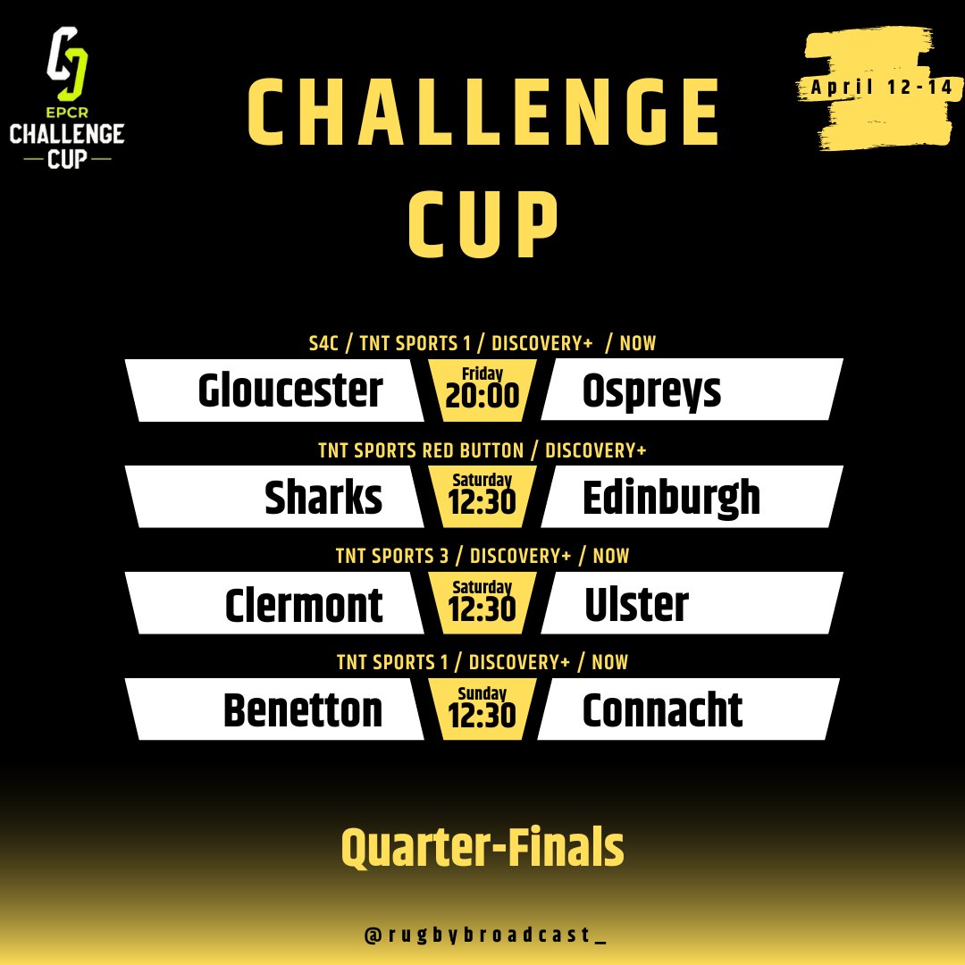 The quarter finals are here 👊

8⃣games on TNT Sports

3⃣games on free-to-air TV

8⃣URC sides

4⃣Top 14 sides

4⃣Premiership sides 

#InvestecChampionsCup | #ChallengeCupRugby