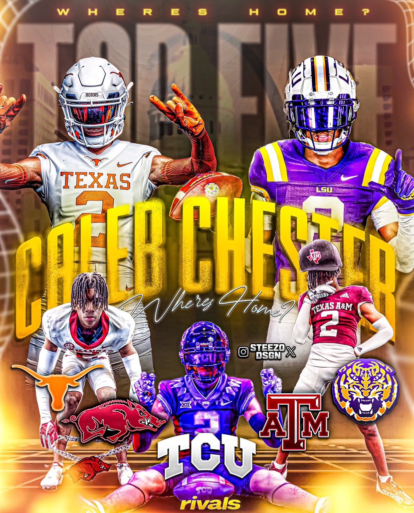 Three ⭐️ DB Caleb Chester (@CalebChester_) narrows his list down to five schools Chester holds 38+ offers but now he’s down to #Texas, #LSU, #Arkansas, #TCU and #TAMU “A decision is coming soon.” n.rivals.com/content/athlet…