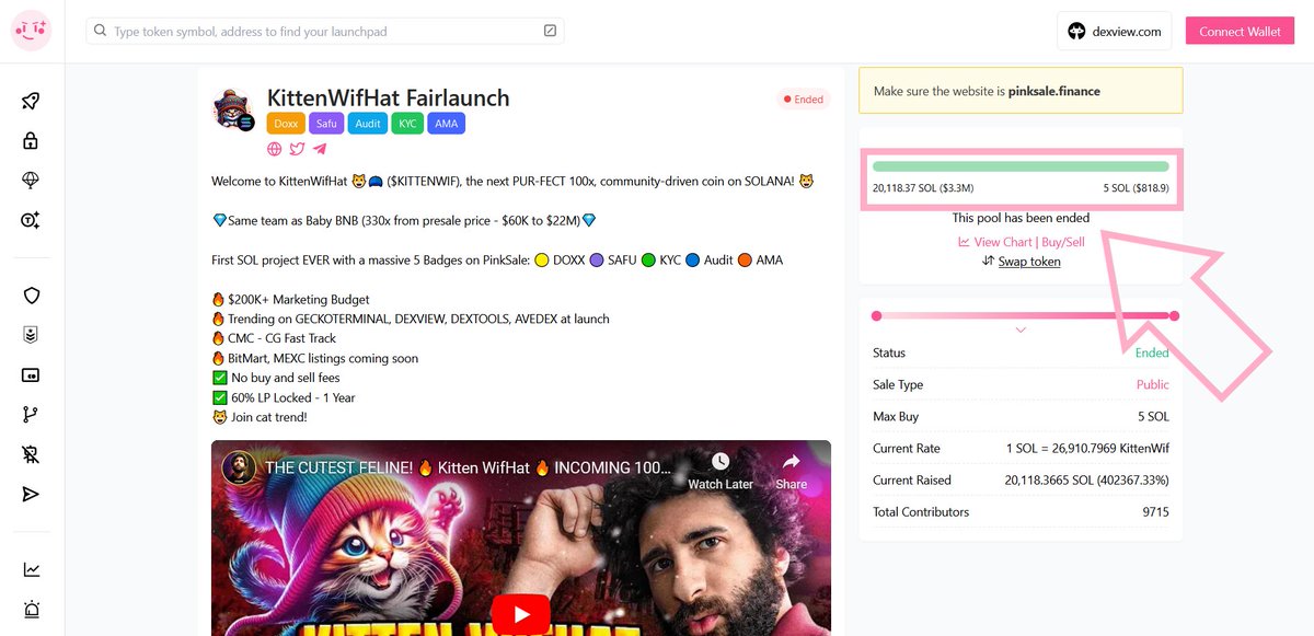 🥳A huge congratulations to the team from KittenWifHat smashing our record for biggest raise on #Solana. 🔥They managed to raise a staggering 20,118.37 #Sol amounting to more than 3.4 million dollars... Wow 🚀 Check them out below: pinksale.finance/solana/launchp… #Crypto #Pinksale