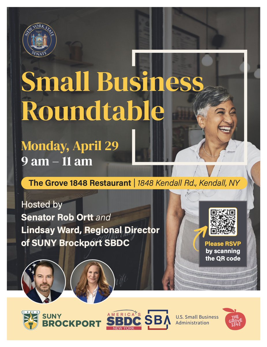 📣Calling all small business owners! On April 29th, our office will be holding a Small Business Roundtable with @Brockport SBDC, and @SBAgov. Join us in Kendall, NY! #shoplocal #smallbusiness RSVP HERE: docs.google.com/forms/d/e/1FAI…