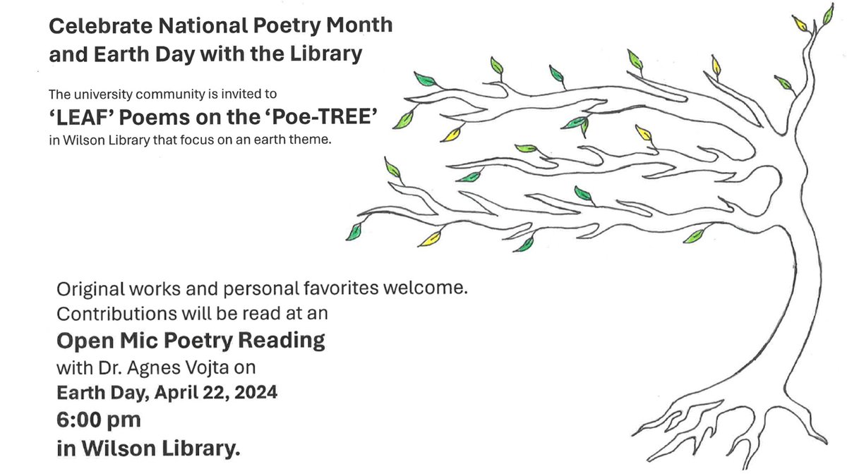 The library has more events happening. Come by relax and offer some poetry or listen to some on April 22, Monday. You can also catch the livestream here:umsystem.zoom.us/j/96957962146. We hope to see you there. #sandtlibrary #poetree #EarthDay