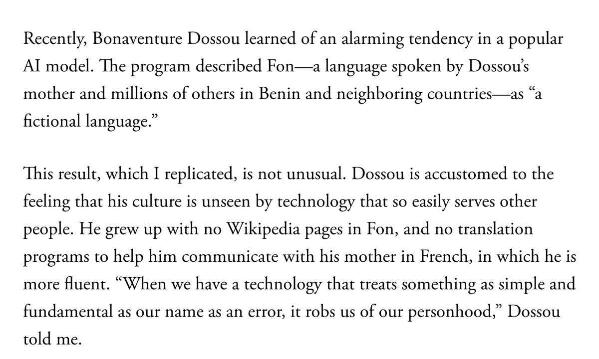 AI models work best for English, and well for a handful of other languages—meaning the technology may leave behind thousands of tongues and billions of people who speak them. Some languages could go extinct. I explore why, and global efforts to change that, for @TheAtlantic: