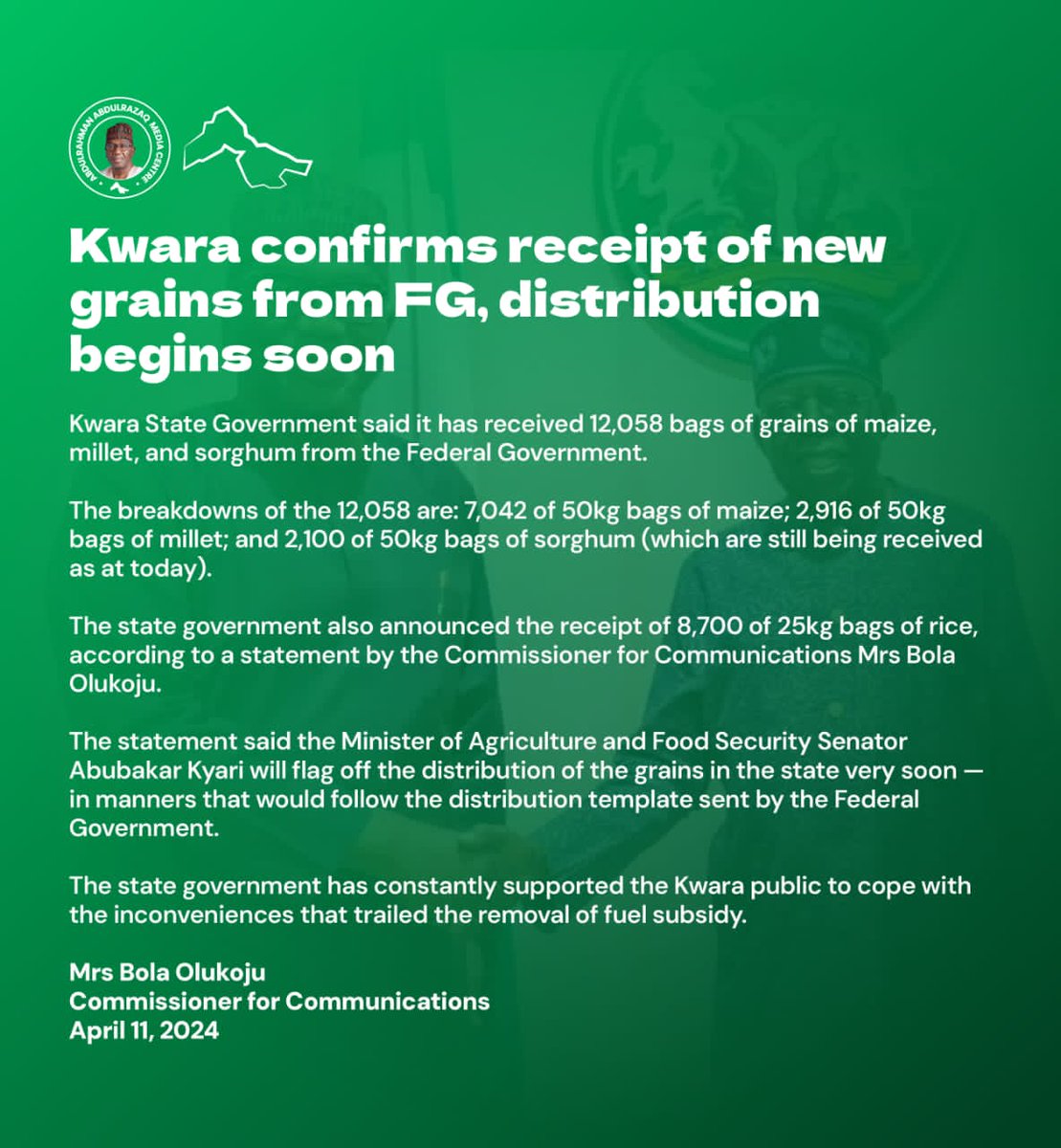 KWSG UPDATE: Kwara confirms receipt of new grains from FG, distribution begins soon