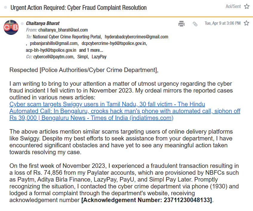been months since complaint was raised FIR lodged, absolutely no update/action taken, they keep saying call later... meanwhile I'm being harassed by collection agents sent by the NBFCs!!! <a href="/TelanganaCMO/">Telangana CMO</a> <a href="/TelanganaCOPs/">Telangana Police</a> <a href="/TelanganaDGP/">DGP TELANGANA POLICE</a> (FIR No:  1028/2023) on 27th November 2023.