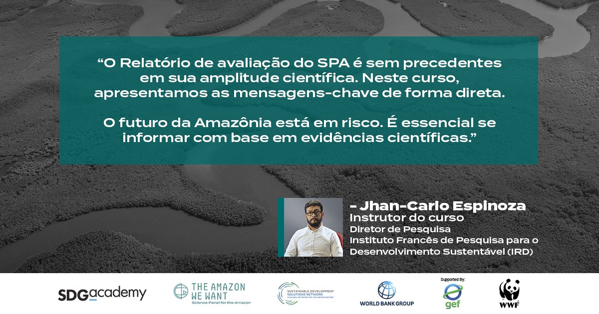 🟢 Junte-se a nós para conhecer nossos instrutores para o curso 'A Amazônia Viva'. Jhan-Carlo Espinoza @jcev09, Diretor de Pesquisa no Instituto Francês de Pesquisa para o Desenvolvimento Sustentável (@ird_fr), compartilha sua expertise. Inscreva-se aqui bit.ly/AmazonMOOC