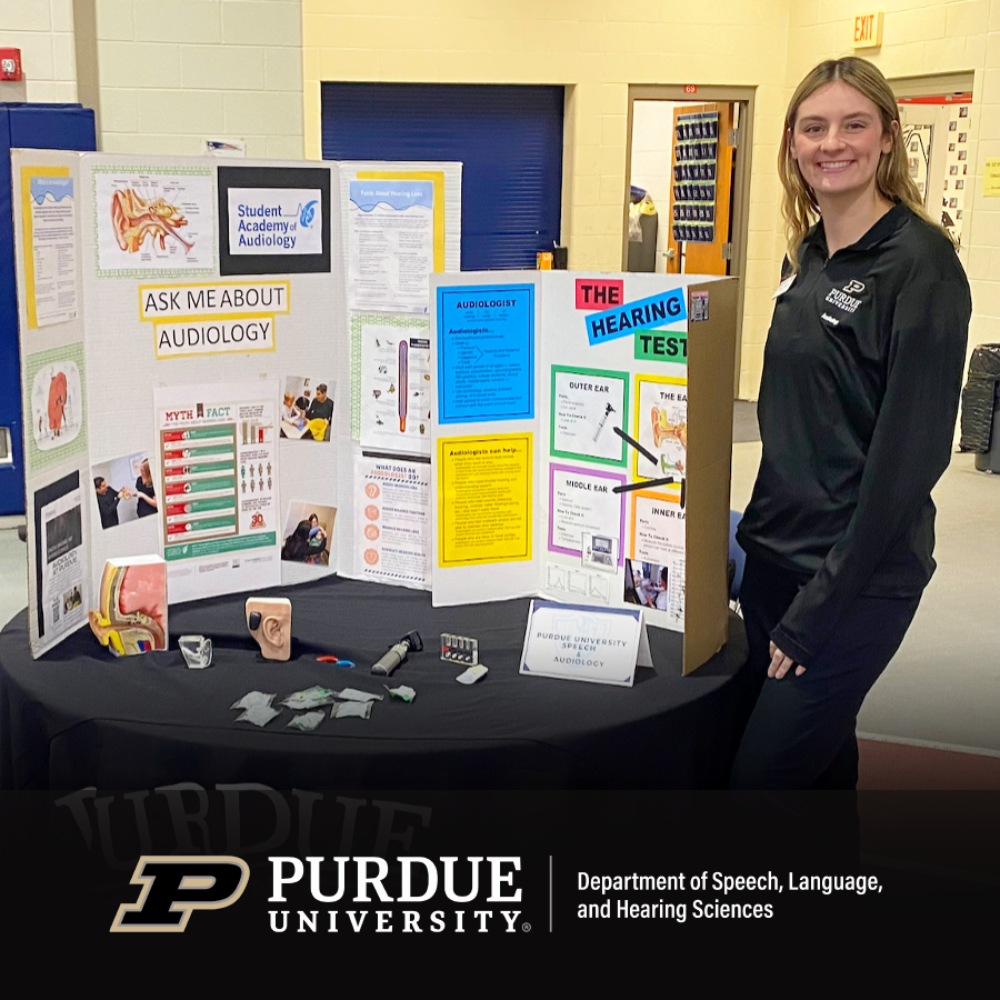Karissa Pluimer, a graduate student in #audiology at @LifeAtPurdue, represented the audiology profession at the Seeger Memorial Jr/Sr High School Career Fair for interested middle and high school students from Warren County, Indiana. #PurdueSLHS #PurdueHHS