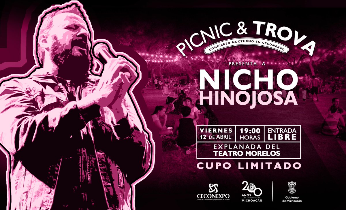 Te esperamos hoy para cantar a todo pulmón con Nicho Hinojosa, en el picnic & trova del Centro de Convenciones de Morelia. 🎶🎷