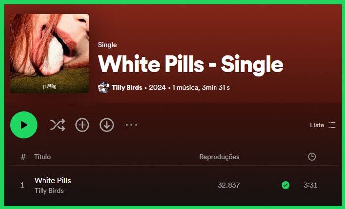 TillyBirdsBR's tweet photo. 📈 | Atualização do terceiro dia de #WhitePills no Spotify:

#Dia_1: 9.961 plays
#Dia_2: +12.930 plays
#Day_3: +9.946 plays

• Total: 32.837 de plays.

📌https://t.co/GOlMWEOODD

#TillyBirds https://t.co/UwmdZvEBPq