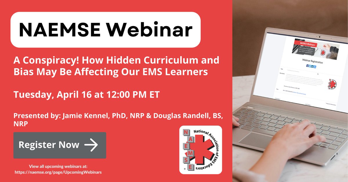 Join NAEMSE and our presenters, Jamie Kennel, PhD, NRP, and Douglas Randell, BS, NRP, for a brilliant educational webinar this Tuesday! The webinar will explore how hidden curriculum and bias may affect our EMS learners. Register now: us06web.zoom.us/webinar/regist…
