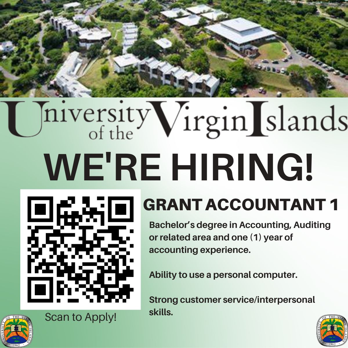 UVI is Hiring -Grant Accountant 1! The selected candidate will administer assigned grant awards, supports Principal Investigators & researchers, & responds to inquiries from internal & external auditors & federal & local agencies concerning grant info. careers.uvi.edu/postings/7114