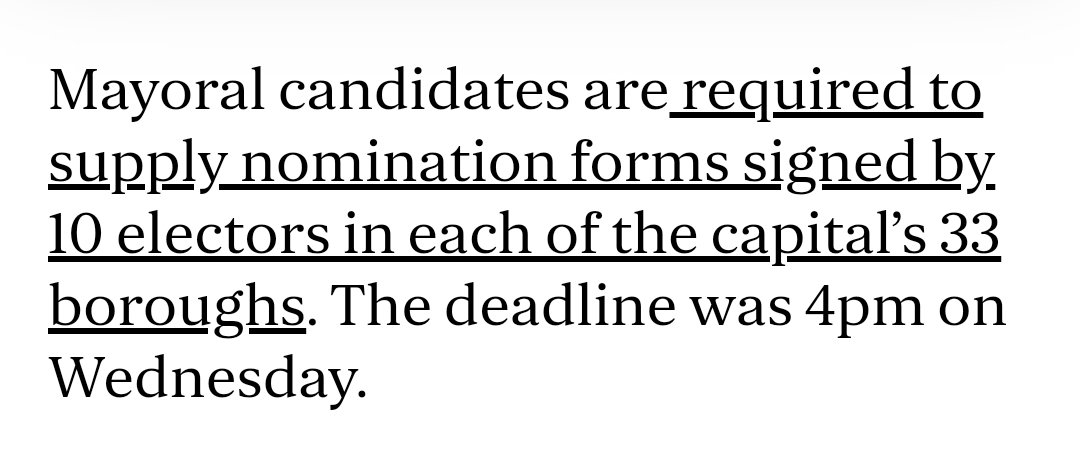 He can't stand for Mayor of London because he couldn't get 10 people to nominate him from each 33 Boroughs before the deadline.