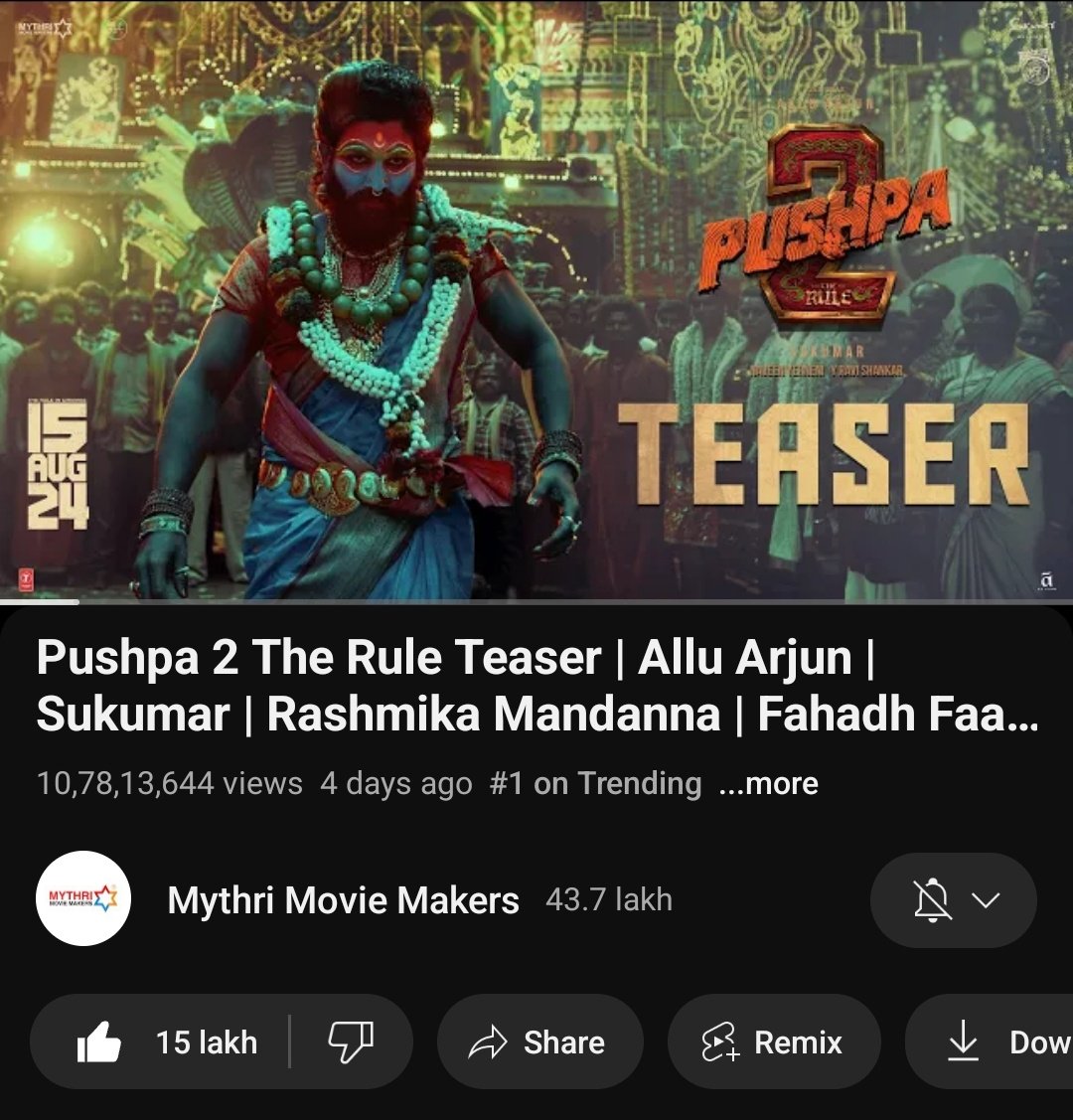 #Pushpa2 Teaser dominating every video on youtube & Trending at #1 for '100Hours' & counting! 🙏🔥

HAIL GOAT @alluarjun 🛐
youtu.be/wboGYls1Bns?si…
#Pushpa2TheRule @PushpaMovie