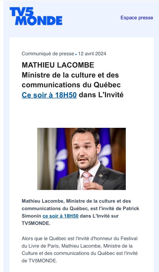 Ce soir à 18h50, heure française, @PatrickSimonin @TV5MONDEINFO reçoit @lacombemathieu, Ministre de la Culture et des Communications du #Québec.