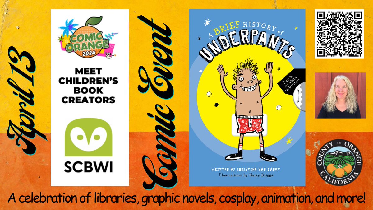 Love #comics + #graphics? Come to COMIC ORANGE a celebration of #libraries, #graphicnovels, #cosplay, #animation, and more! Rain or shine, I'll be at #comicorange2024 tomorrow, SAT, 4/13, with @SCBWI_SoCal . The @ocpublib will have free kids events from 11-3. #kidsevents #tustin