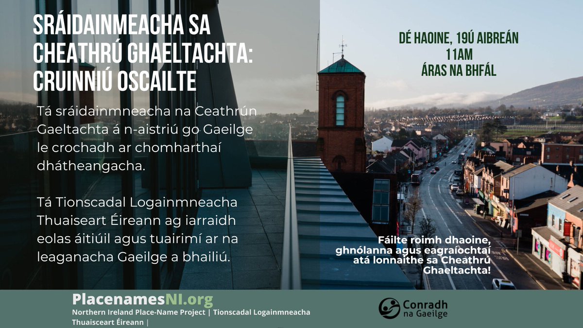 🪧 Ag teacht sna sála ar rún @belfastcc maidir le comharthaí sráide dátheangacha sa Cheathrú Ghaeltachta... Tá foireann @placenamesni ag reachtáil chruinniú poiblí chun eolas áitiúil agus tuairimí an phobail a bhailiú mar chuid den tionscadal Gach eolas 👇👇👇