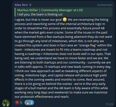 CryptoScrutator's tweet photo. I am at least as convinced of @AngelBlock_io $THOL as I was of @FideumHQ $FI during the #blockbank $BBANK days. Even if it's quiet on the outside, there's something simmering in the background! The product is brilliant, even if many people still don't really understand what's special about it.
Regarding Alex's post: It's telling that some projects don't want to commit to milestones and I think it's good that the $THOL team doesn't deviate from the principles - to protect investors from lazy, stupid or criminal project managers ... or from just bad luck. As a founder, you should see it this way: If you commit to realistic milestones, investors will be more likely to trust you with more capital - a win-win situation for both sides. If you have a brain, use it!