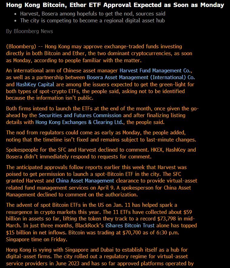 🚨HUGE: 🇭🇰 According to Bloomberg, Hong Kong is set to approve spot ETFs for both #Bitcoin and #Ethereum by Monday.