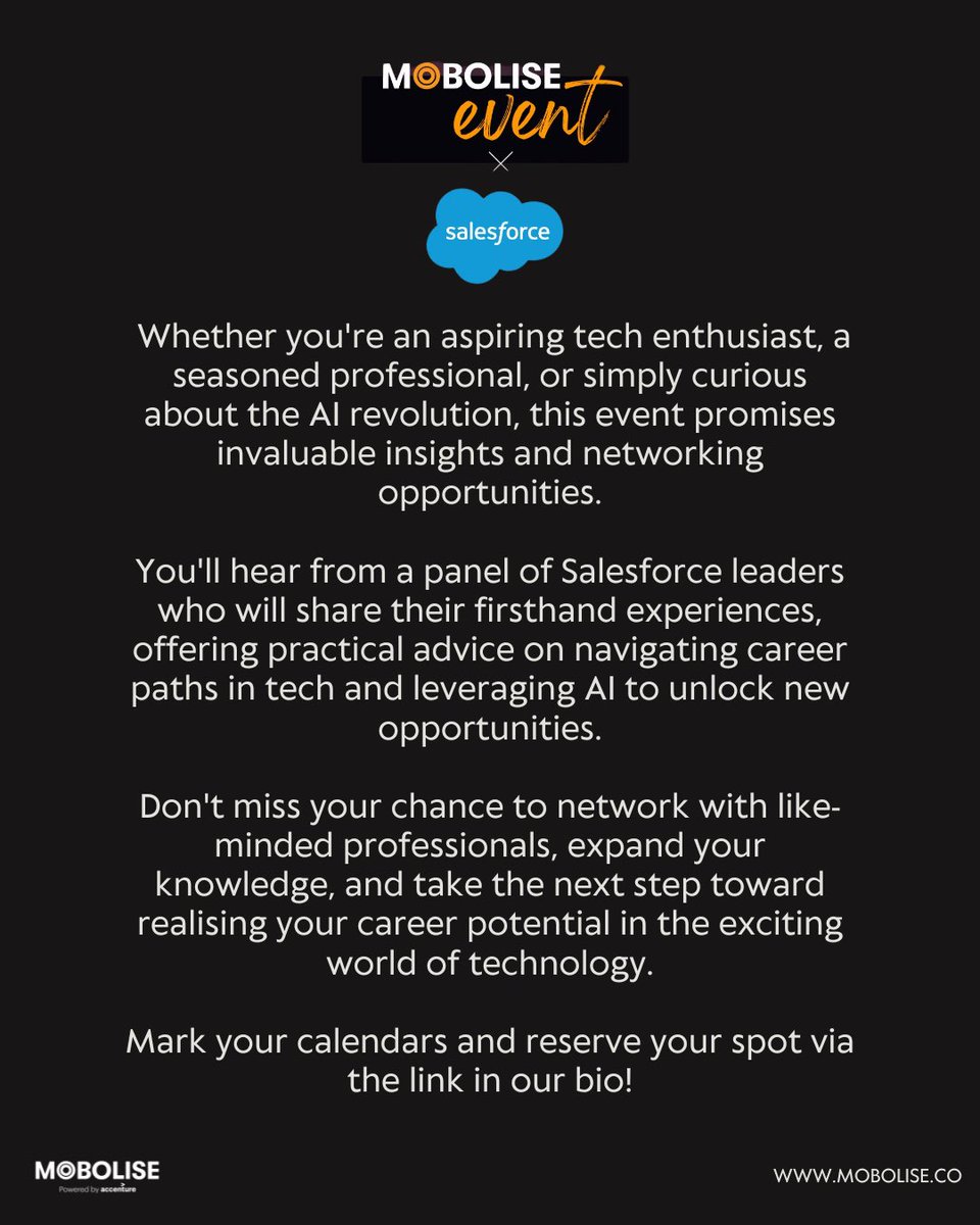 Have you signed up for our next event in partnership with @salesforcejobs? This is your chance to hear from a panel of @salesforce leaders who will share advice on navigating career paths in tech and leveraging AI to unlock new opportunities. 👉🏾 bit.ly/MOBOLISExSales…