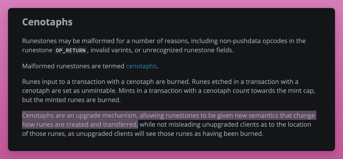 Runes Protocol will launch allowing 13+ character names. But Runes can be upgraded with cenotaphs? First, Runes are burned by inputting cenotaph into a transaction and then etched with new semantics. But do new semantics include name? In practice, a Rune launches with a name…