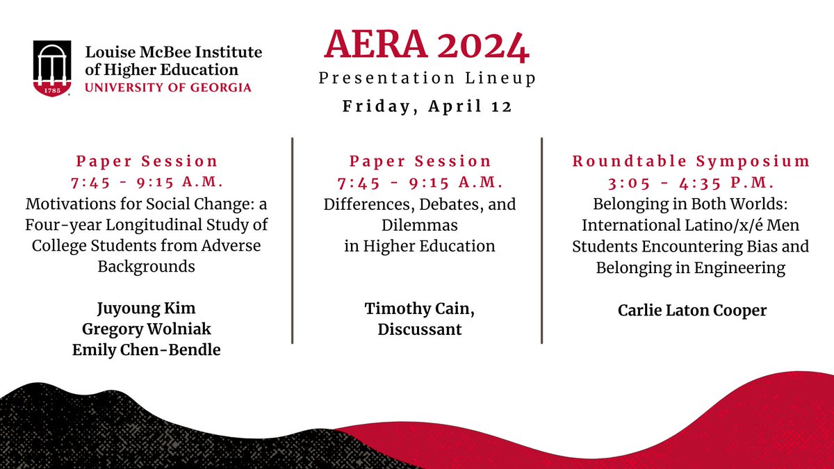 More excellent sessions at AERA 2024 today by McBee community members. Come support these students, Juyoung Kim, Emily Chen-Bendle, and Carlie Cooper! @TimothyRCain #AERA24