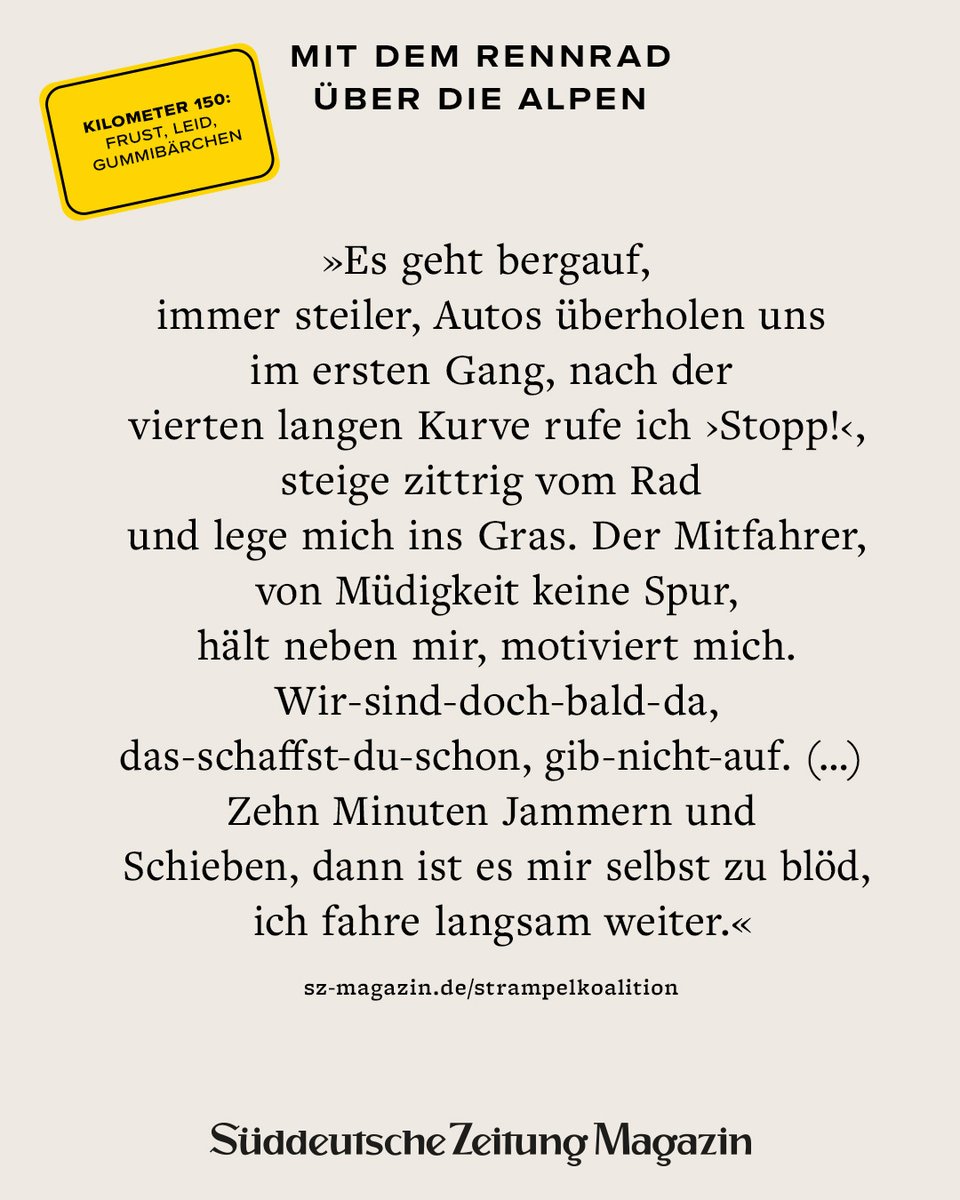 Eine Tour über die Alpen, ausgerechnet mit dem Rennrad – schaffen das die wenig geübten Beine unseres Autors? Und warum tut er sich das eigentlich an? Aus Liebe zum Leiden? Das wüsste er selbst nur zu gern. Ein Tourbericht (SZ Plus): sueddeutsche.de/projekte/artik…