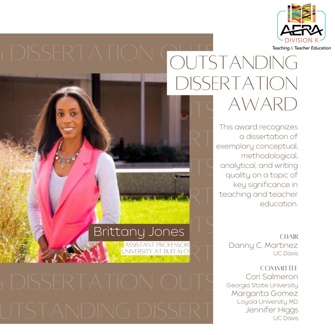 DivisionK (@aeradivisionk) on Twitter photo Congratulations to Dr. Brittany Jones (<a href="/LoveJones_6/">Dr. Brittany Jones</a>) on their Outstanding Dissertation Award, and thank you to the committee chair Danny Martinez, and members Cori Salmeron, Margarita Gomez, & Jennifer Higgs. Congratulations to Dr. Brittany Jones (<a href="/LoveJones_6/">Dr. Brittany Jones</a>) on their Outstanding Dissertation Award, and thank you to the committee chair Danny Martinez, and members Cori Salmeron, Margarita Gomez, & Jennifer Higgs.