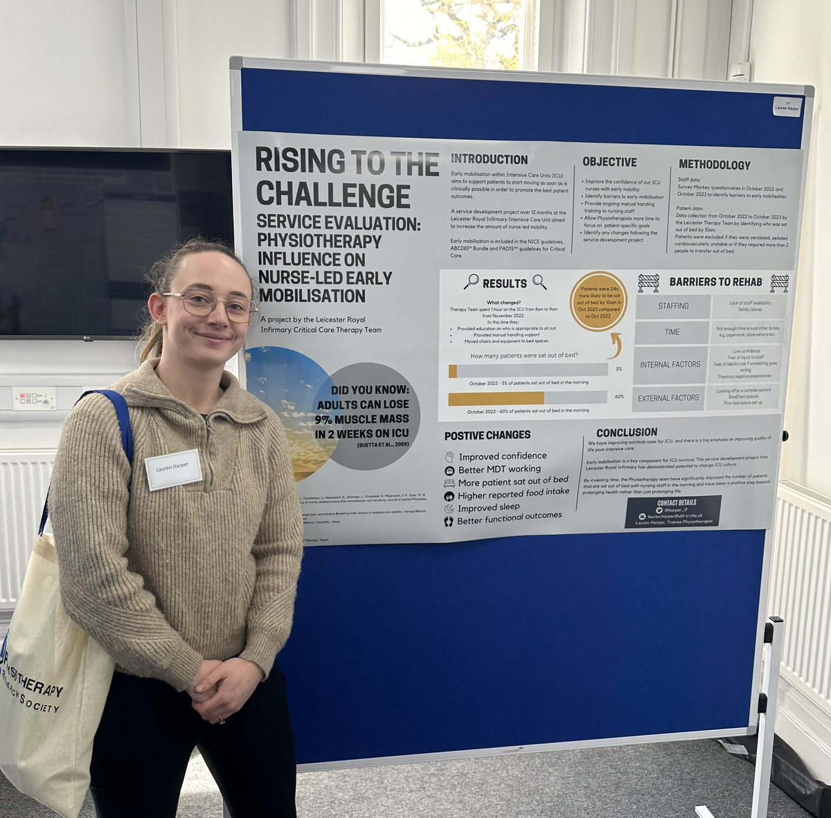 harper_l7's tweet photo. My birthday, dissertation hand-in and PRS conference in one week! So proud that I could use our nurse-led early mobility ICU project for my dissertation and display it as a poster at @PhysioResSoc ⭐️ #PRS2024 @uhltherapy https://t.co/wtAe3jJtxO