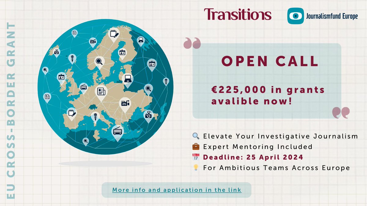 🚀 European journalists, get ready! €225,000 in grants are up for grabs in this round of the European Cross-border Grant programme. Apply now to fund your next big investigative project and benefit from expert mentoring.@journalismfund #PluProProject #EuropeanJournalism…