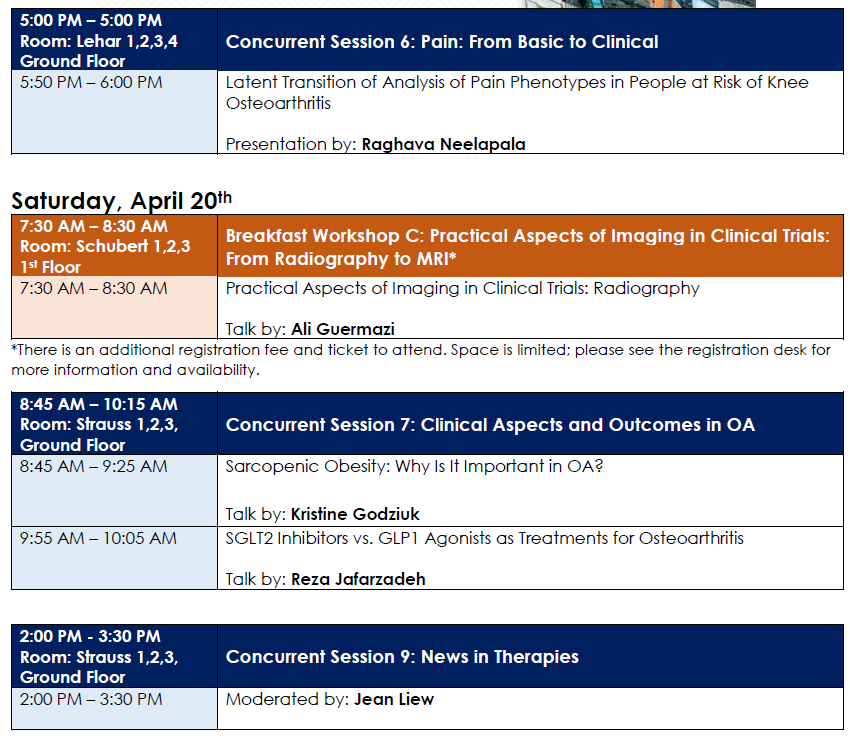 Traveling to #OARSI2024? Check out these presentations from our research group, including mentees and collaborators!