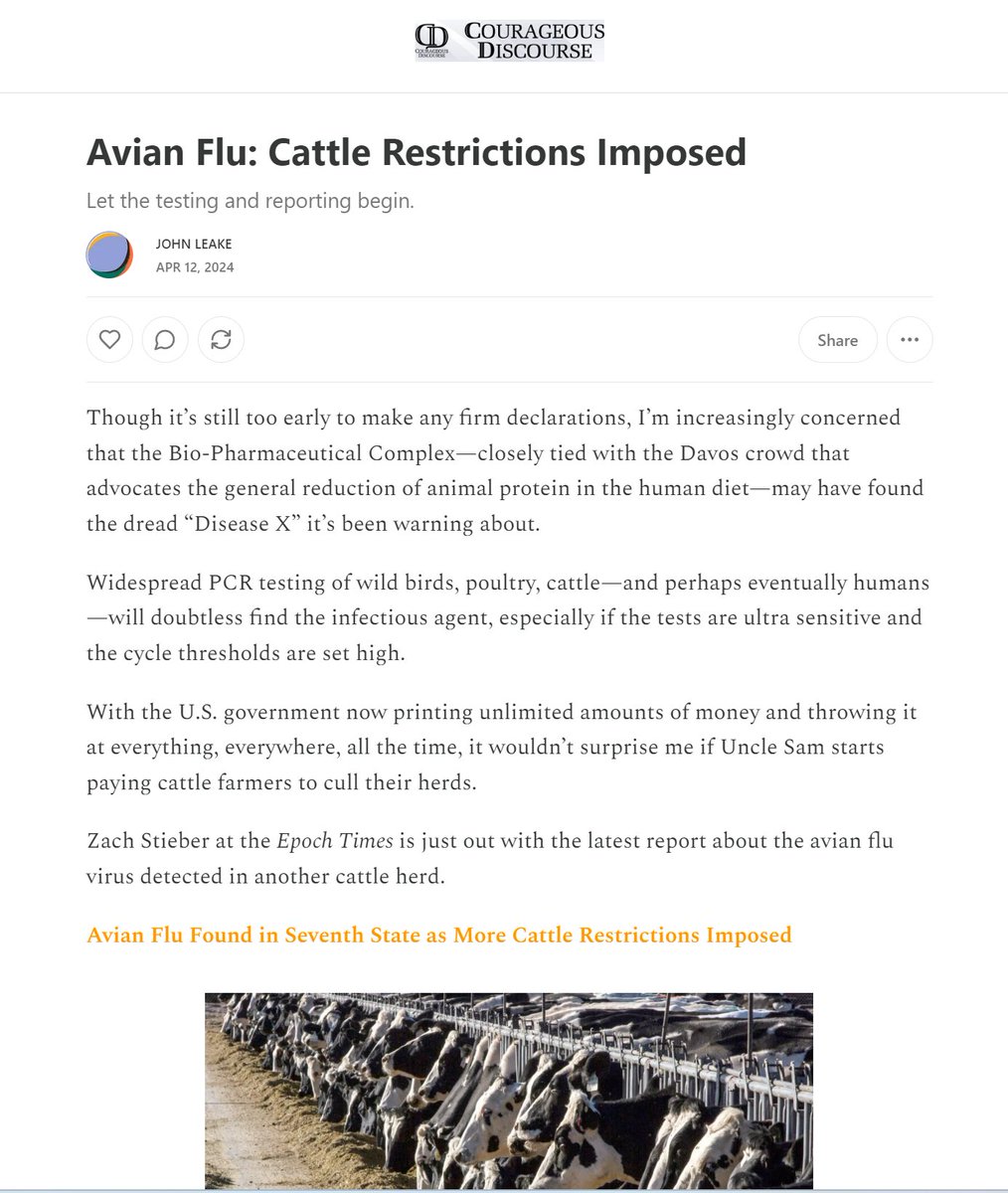 Hope everyone is ready for a diet this summer. Excessive animal PCR testing for H5N1 will drive panic and unnecessary culling of herds and flocks. Stay up to date on Courageous Discourse. @DrNoMask @twc_health open.substack.com/pub/petermccul…
