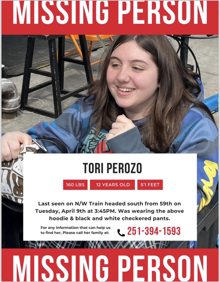 A student in our district—Tori Perozo—has been missing since Tuesday. She was last seen that afternoon on the N/W train heading south. Please RT this, spread the word, and keep an eye out for Tori. If you have any information, please call her family at 251-394-1593.