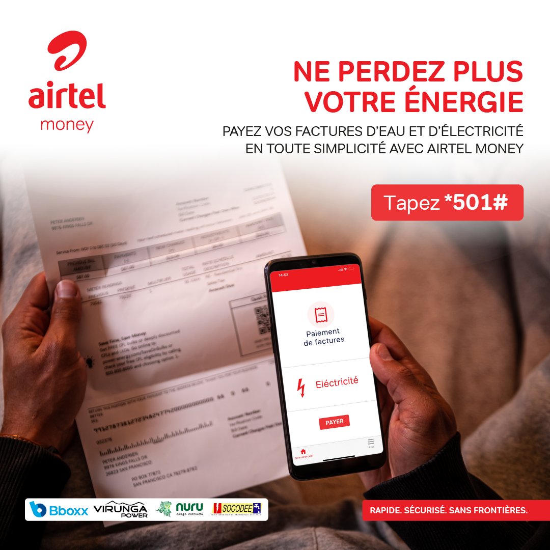 PRENEZ LE CONTRÔLE  DE VOS FACTURES ! 

Avec votre téléphone, payez vos factures d‘eau et d’électricité en un clin d'œil. 

Tapez *501#

#AirtelMoney #PaiementElectricite #EconomiesDenergie