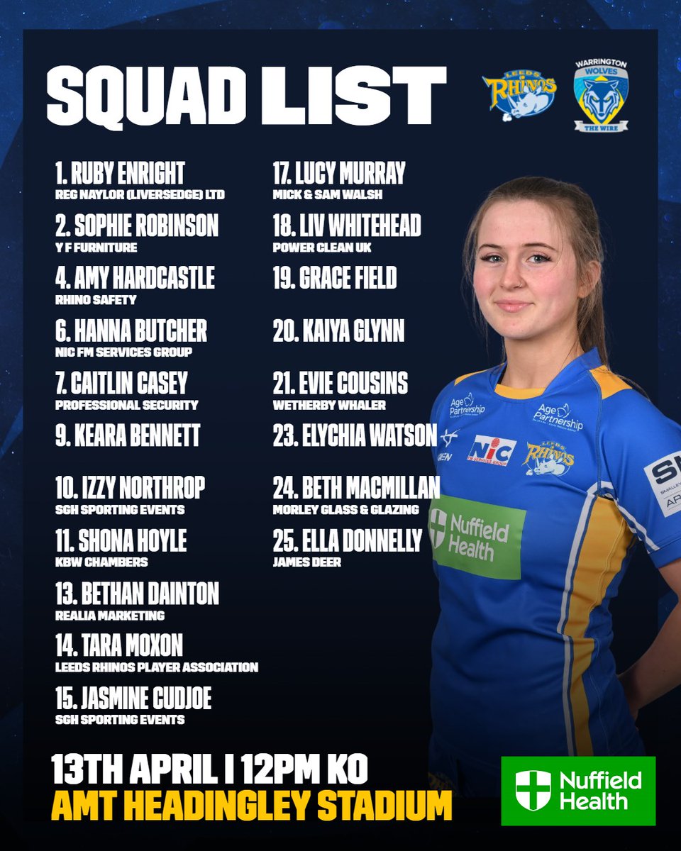 SQUAD NEWS | Evie Cousins named in Rhinos Women's squad for her debut in tomorrow's <a href="/TheChallengeCup/">Betfred Challenge Cup</a> game against <a href="/WarringtonRLFC/">Warrington Wolves</a> 

<a href="/Bennett1Keara/">Keara Bennett</a> could also make her return from injury.

🤝 In partnership with <a href="/NuffieldHealth/">Nuffield Health</a> 
More: tinyurl.com/2rkcdawt