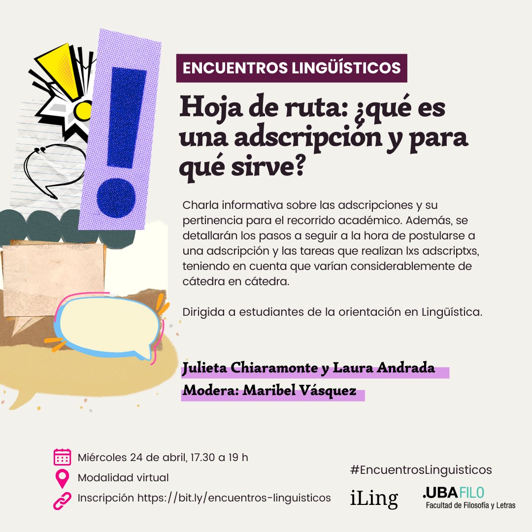 📢 Invitamos a estudiantes a participar del segundo Encuentro Lingüístico: Hoja de ruta ¿Qué es una adscripción y para qué sirve? 📍 Modalidad: Virtual 🗓 24 de abril de 17:30 a 19 h 🔗 Con inscripción previa: bit.ly/encuentros-lin… #ciencia #investigacion #docencia