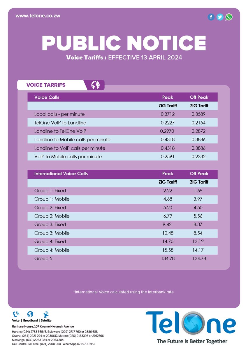 Public Notice on ZiG Tariffs effective 13 April 2024. Terms and Conditions Apply. Following Regulatory Approval. All tariffs are available on our website: bit.ly/ZiGTariffs #TheFutureIsBetterTogether #TelOne