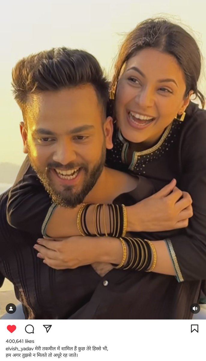 #ElvishYadav posted a new reel on his Instagram with Shehnaaz Gill promoting her new song but the caption is dedicated to someone special 👀

" Mere takmeel me shameel hai kuch tere hisse bhi,
   Hum agar tujhse na milte to adhure reh jaate " ♥️

#ElvishArmy