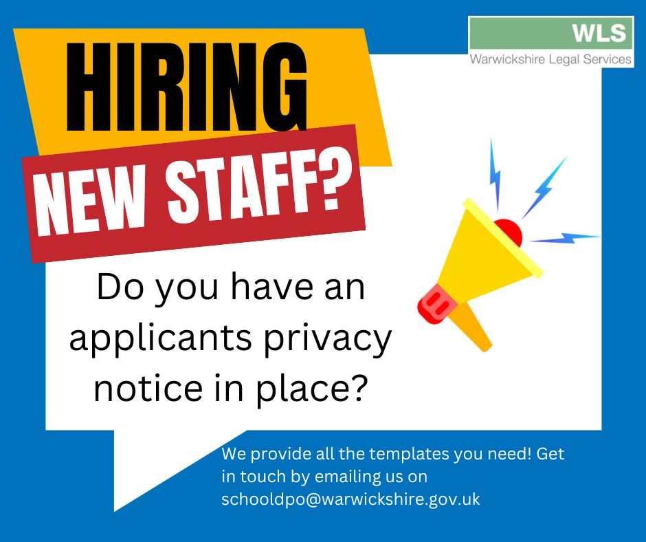 Are you hiring new staff for the next academic year?
Make sure you have an applicants privacy notice in place!
Or, get in touch with us to find out how you can obtain a template from us!

#privacy #GDPR #schools #dataprotection #UKGDPR