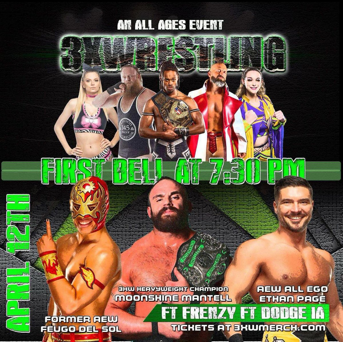 Today in Fort Dodge! @MoonshineMantel defends the 3XW Title & @TheKennyAlfonso defends his 3XW Pure Title. AEW Star @OfficialEGO makes his Fort Dodge debut! Tickets at the door: $20 GA, $30 1st Row, $45 VIP 6:30 Doors-1st row & VIP 7pm GA Doors 7:30 🔔 Cardiff Event Center