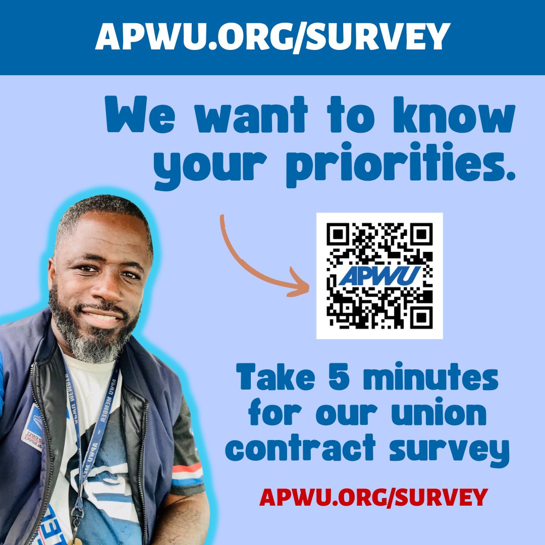 Have you taken your union contract survey yet? Take 5 minutes to weigh in on priorities for this year's contract negotiations. Scan the QR code or visit apwu.org/survey to get started. #APWUnited