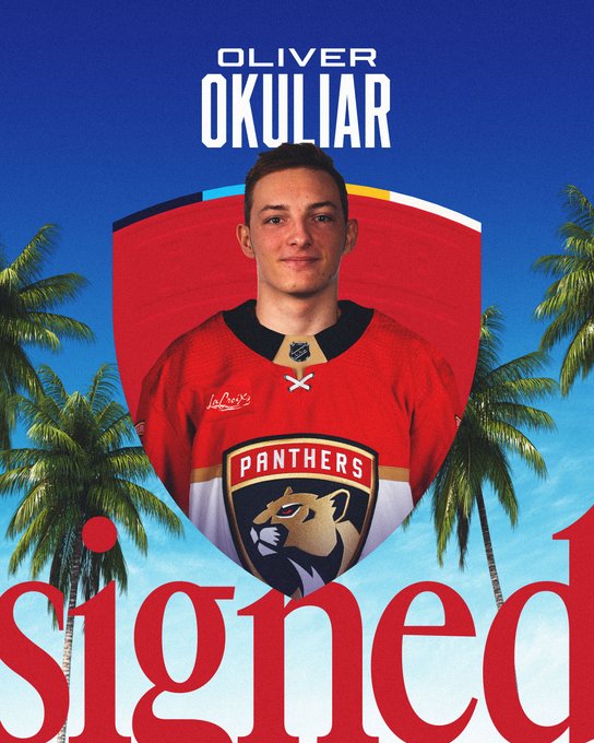 Graphic announcing we have signed Oliver Okuliar.

The background is a blue sky with palm trees around the image. In the center, there's a headshot photo of Oliver inside a completely red Florida Panthers shield. He's wearing a red home jersey.

At the top it reads "Oliver Okuliar" in white, capital letters, while at the bottom it says "signed" in lowercase, red letters.