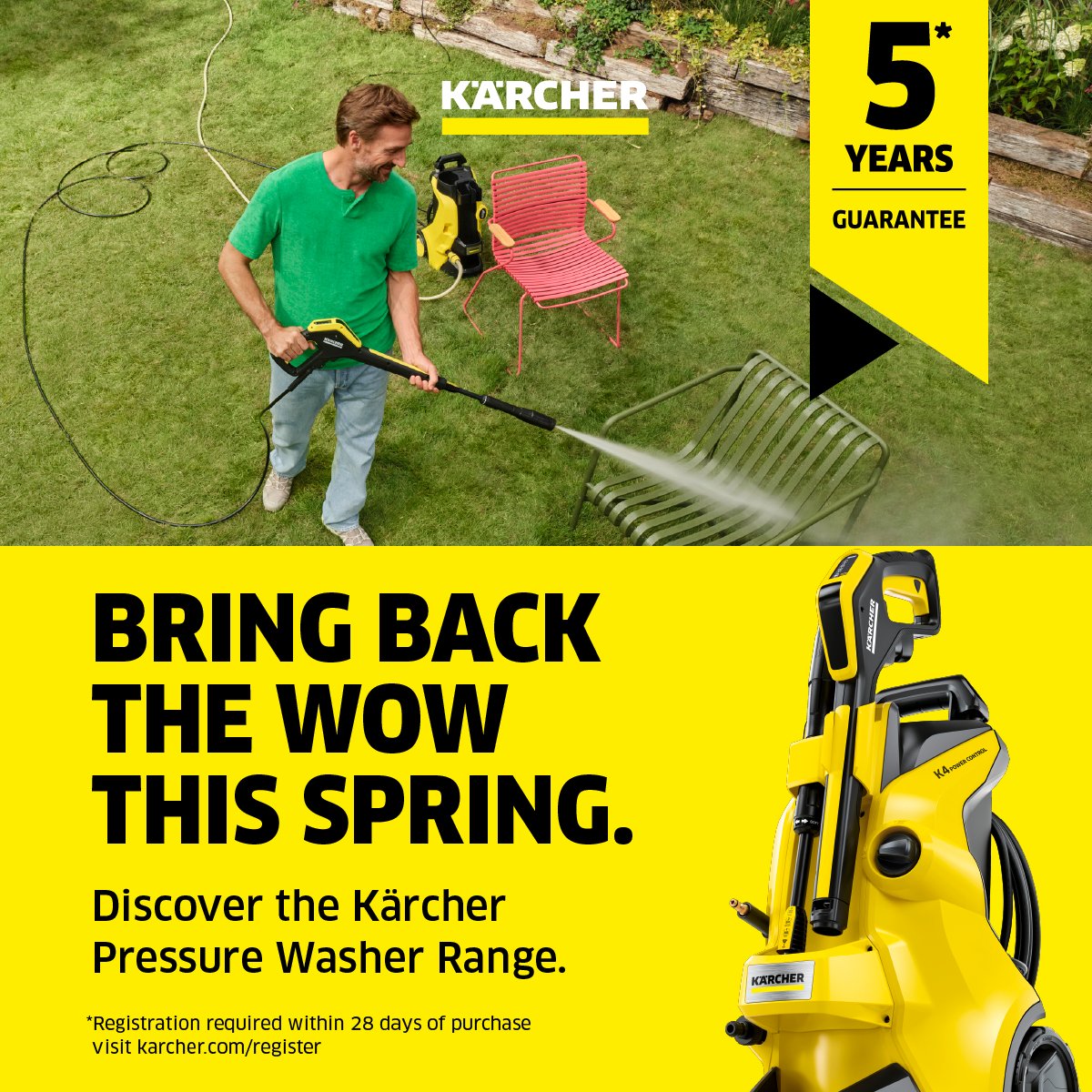 At Kärcher, we offer a 5 years* guarantee on all our pressure washers. Bring back the WOW. Explore the full range at bit.ly/KarcherPressur… *5 years guarantee when you register on bit.ly/PressureWasher… within 28 days of purchase.